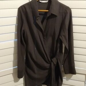 Zara Dark Brown Wrap-Front Long Sleeve Shirt